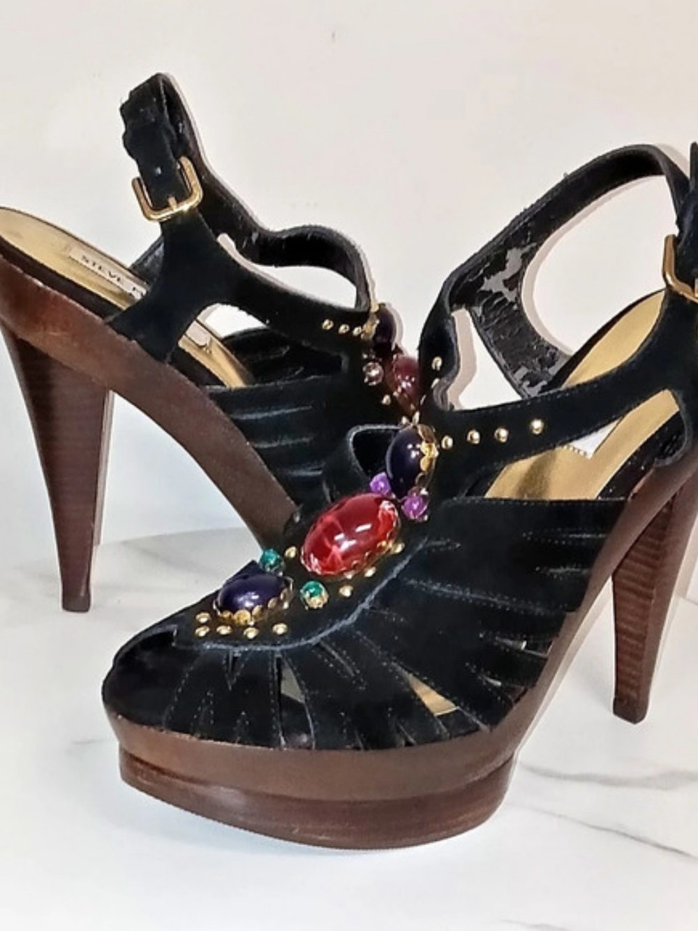 Steve Madden Tifanni Jewel Embellished Black Suede Peep Toe Platform Heels 9